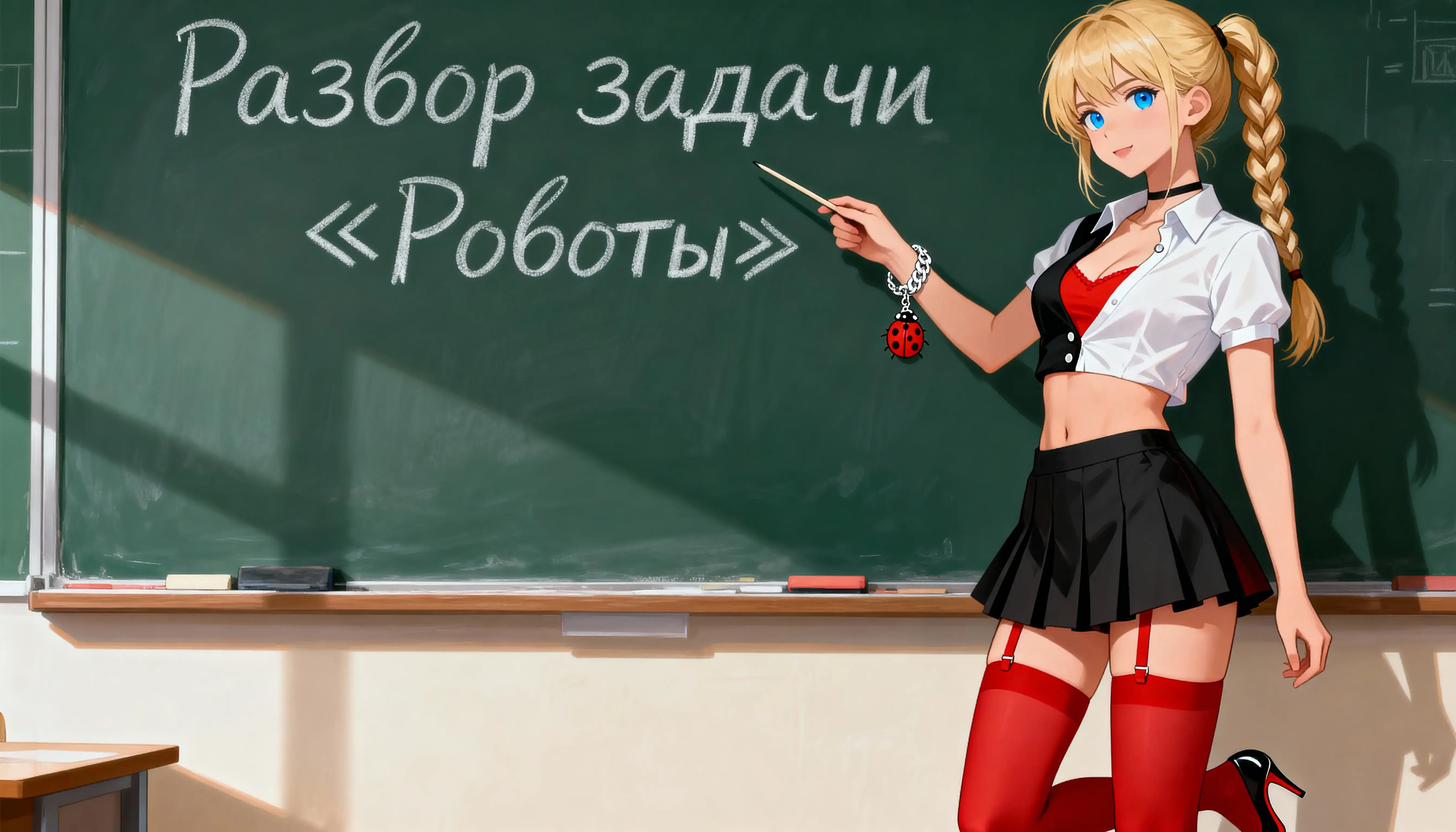 Пикси у школьной доски разбирает задачу
