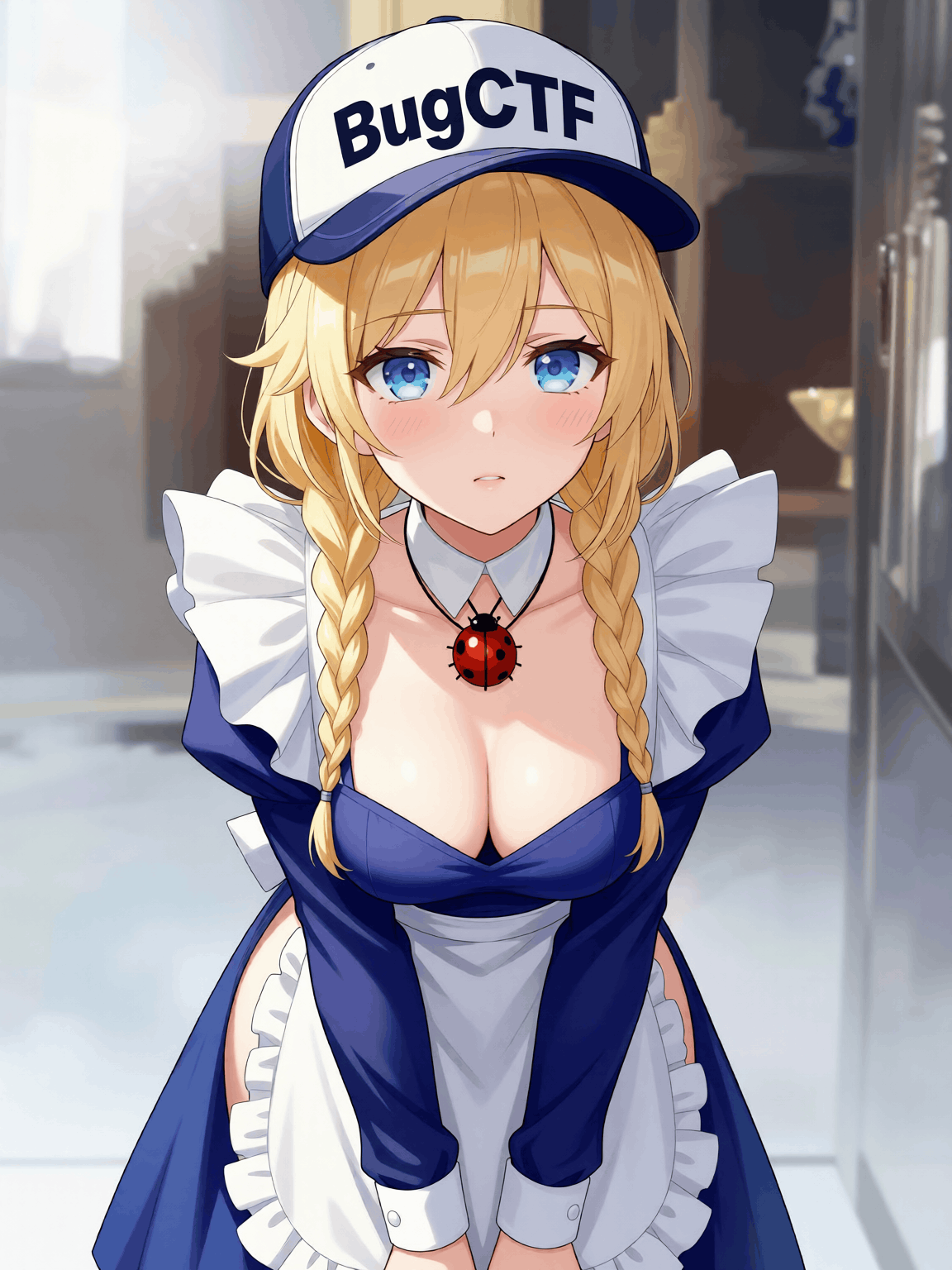 Пикси в синем платье горничной наклоняется к камере на светлом фоне