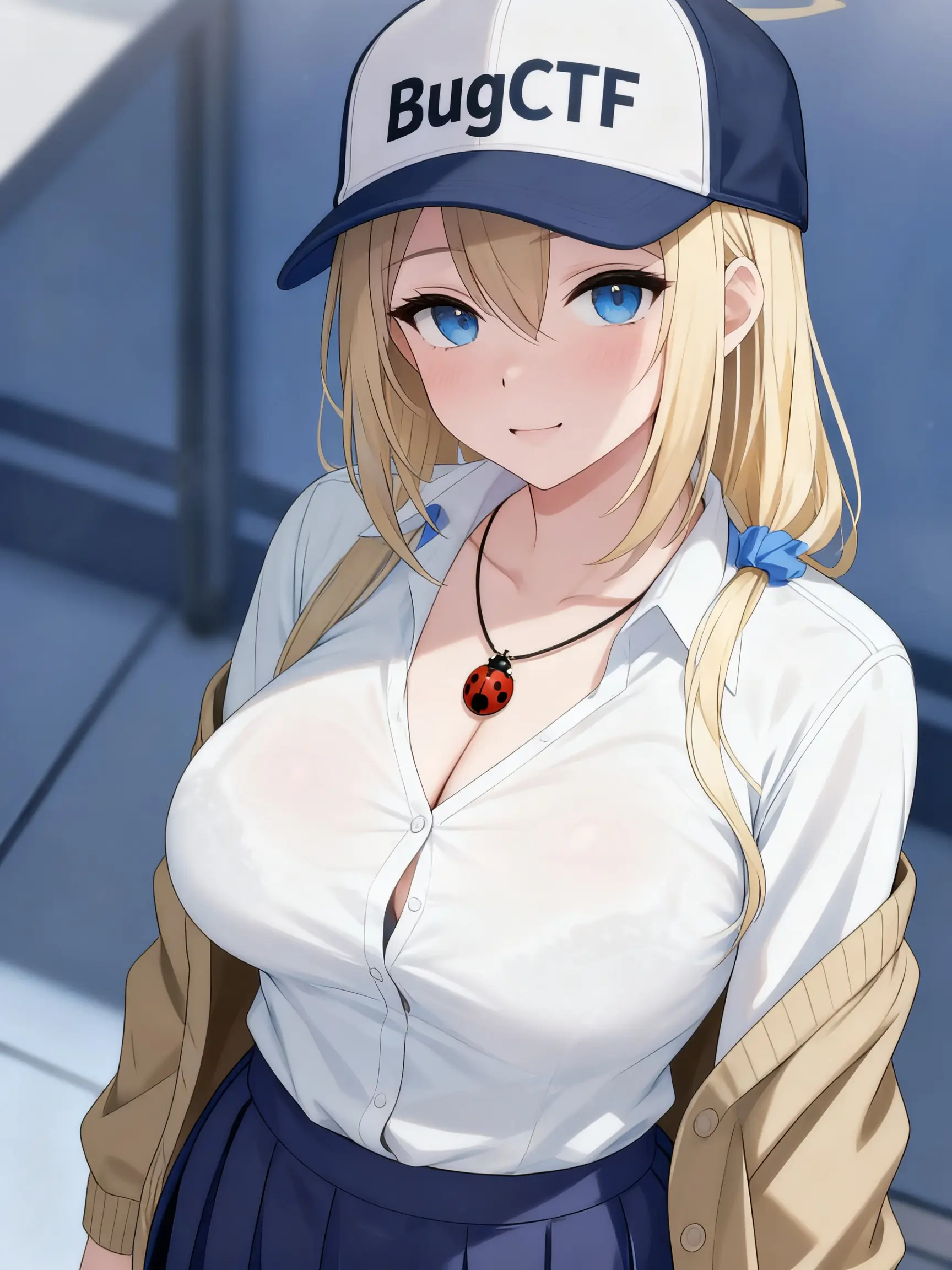 Пикси в белой рубашке и синей юбке у стеклянных перил