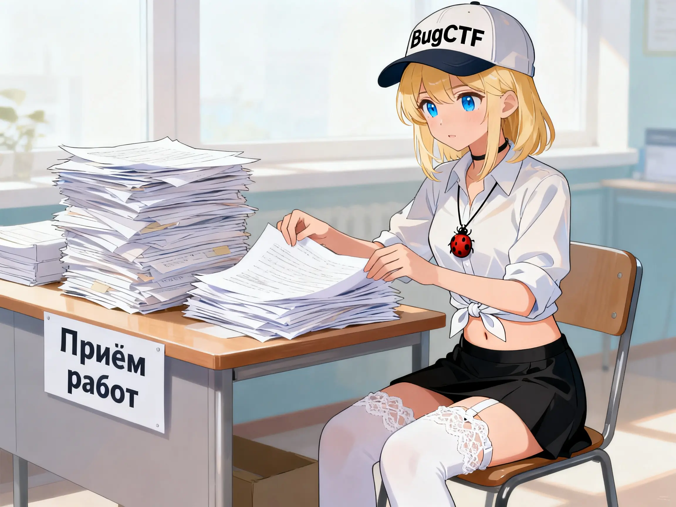 Пикси сидит у стола приема работ со стопкой бумаг