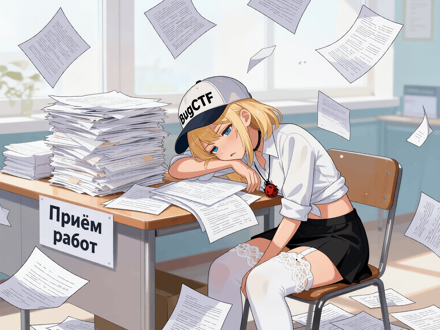 Аниме девушка Пикси устало лежит на столе среди летящих офисных бумаг