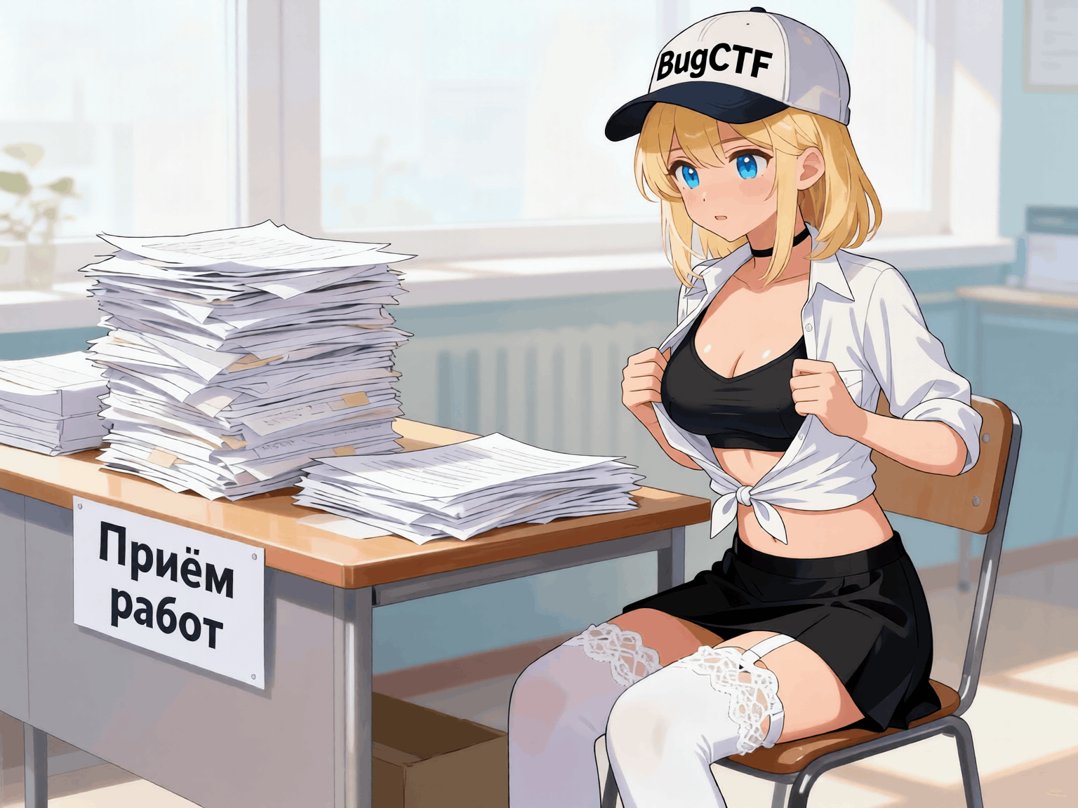 Пикси сидит рядом со стопкой документов в офисе