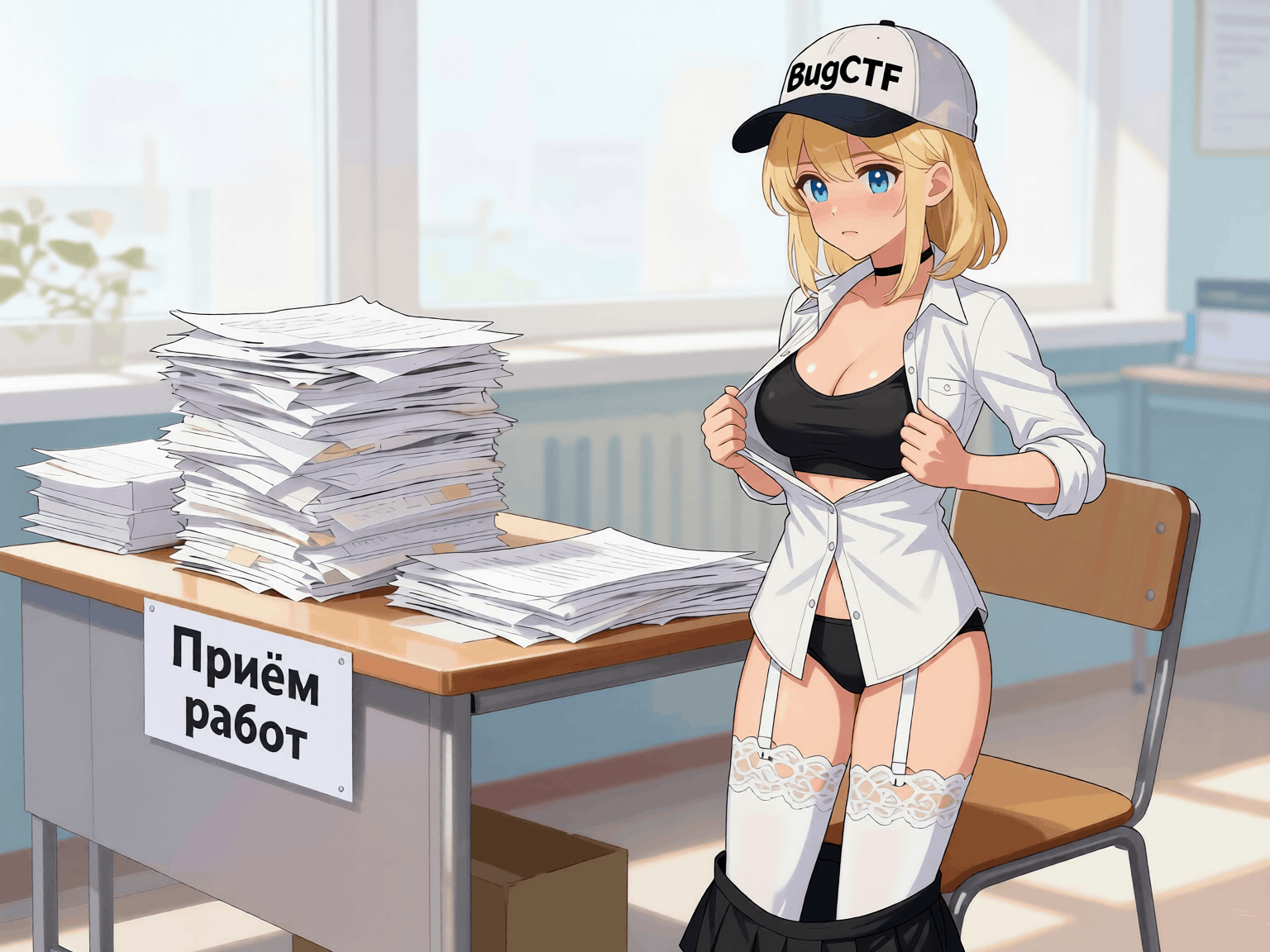 Пикси стоит у стола приема работ в белой рубашке и чулках