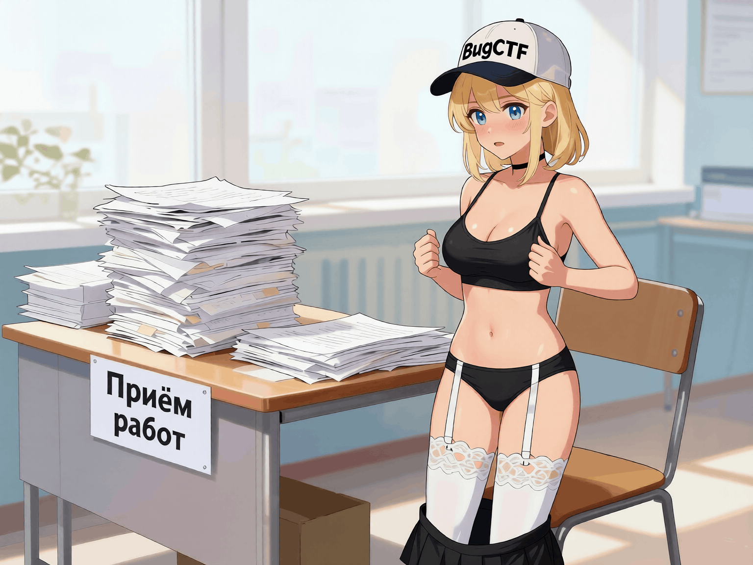 Пикси держится за топ у рабочего стола с документами