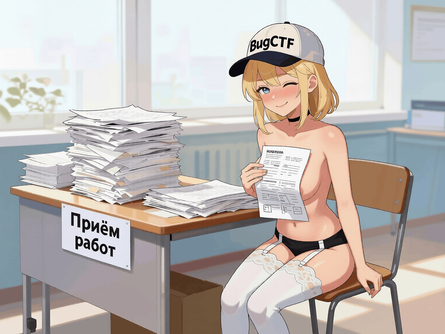 Пикси держит лист бумаги у стола приема работ