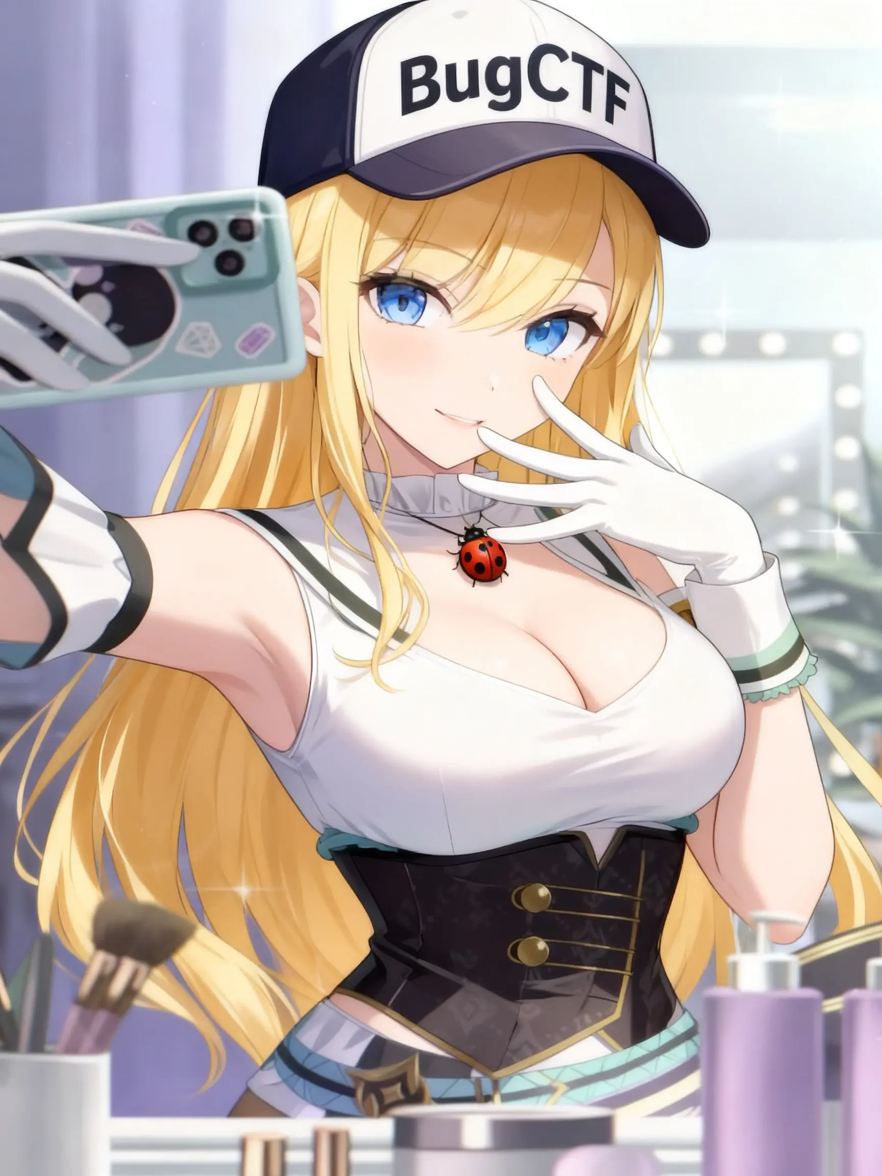 Пикси делает селфи в гримёрной в белом топе и чёрном корсете