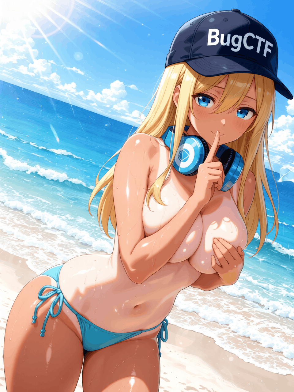 Пикси 18+ в бирюзовом бикини и наушниках на пляже