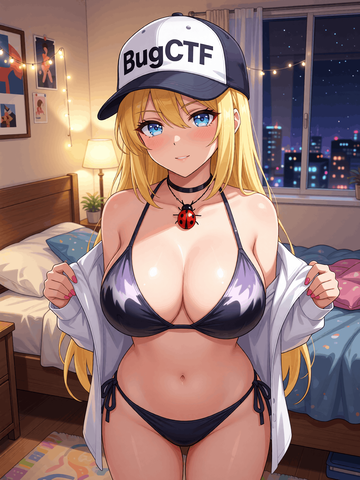 Пикси 18+ в темном белье и белой рубашке стоит в ночной спальне